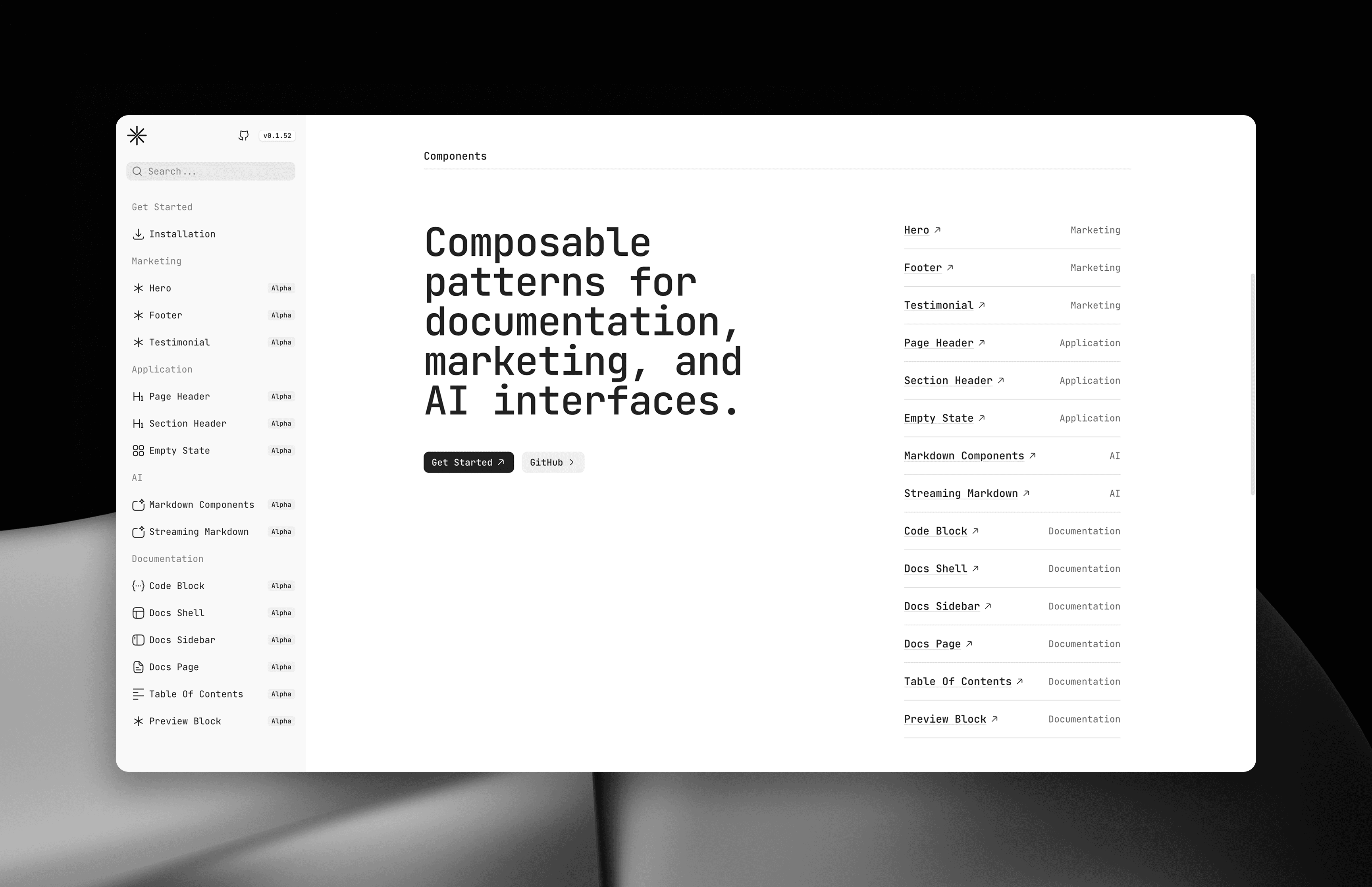 Kookie Blocks components overview listing all available blocks organized by category — Marketing, Application, AI, and Documentation
