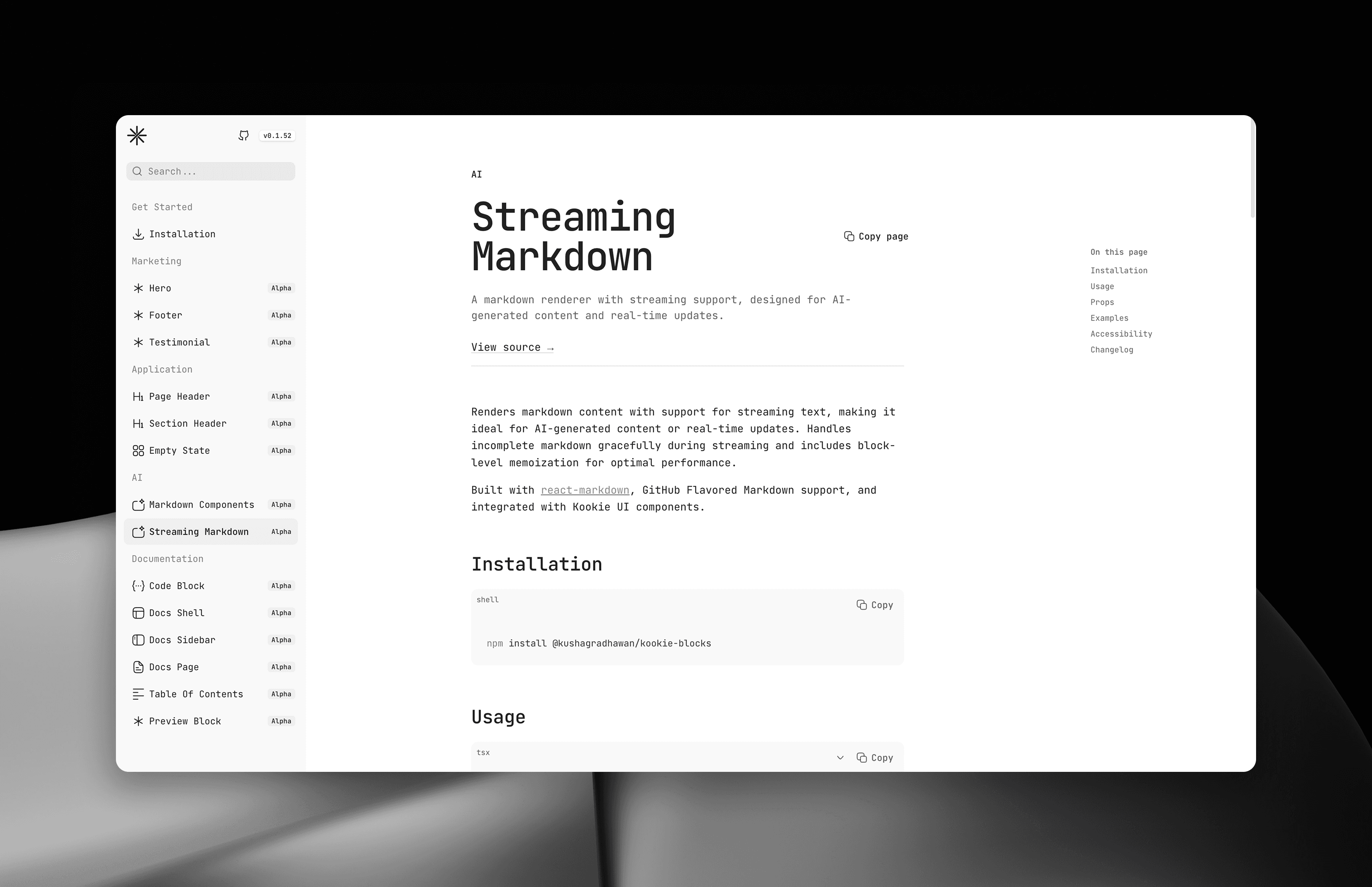 Streaming Markdown documentation page showing installation instructions and usage details for the AI streaming component
