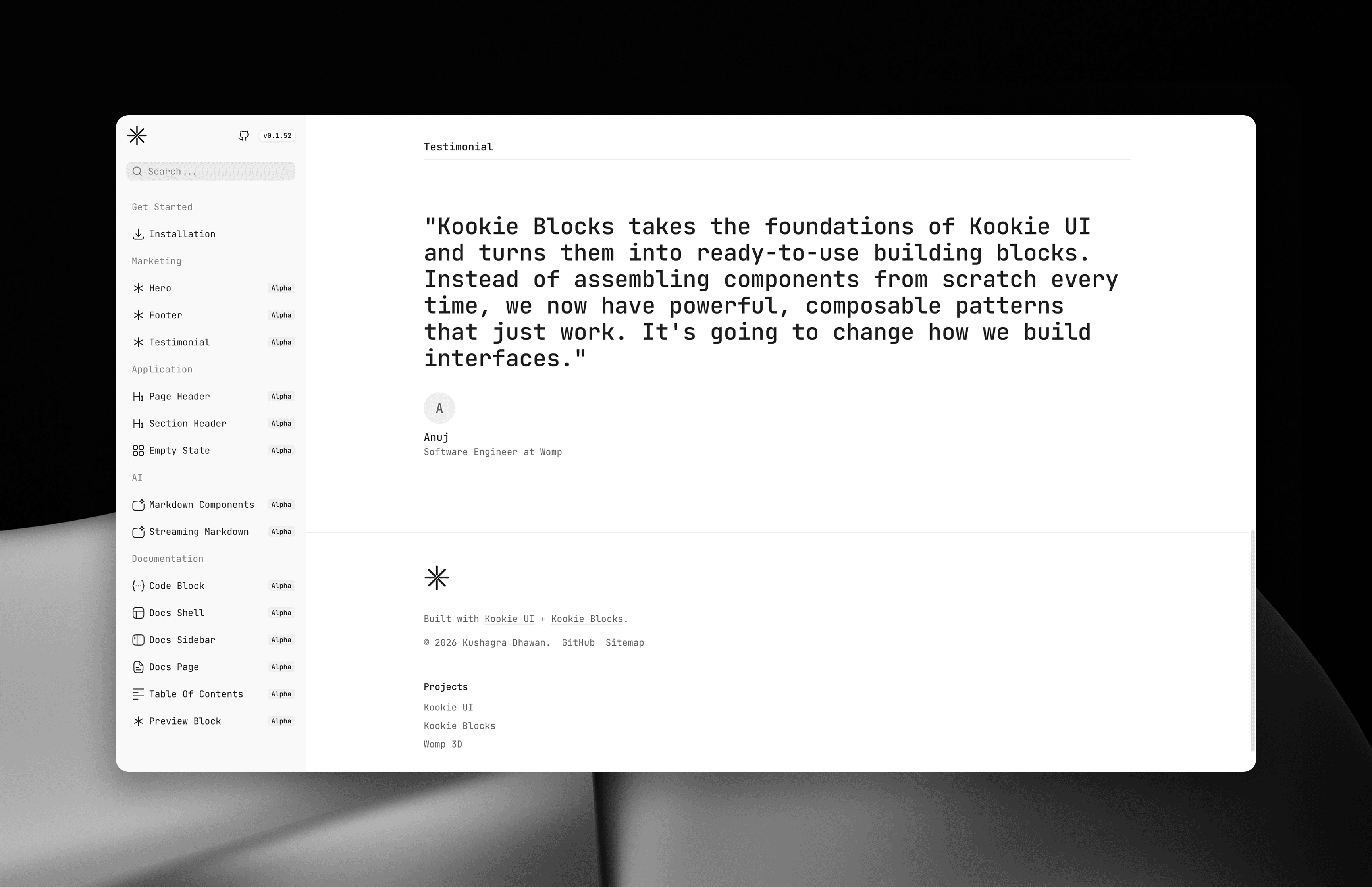 Testimonial block and site footer on the Kookie Blocks documentation site